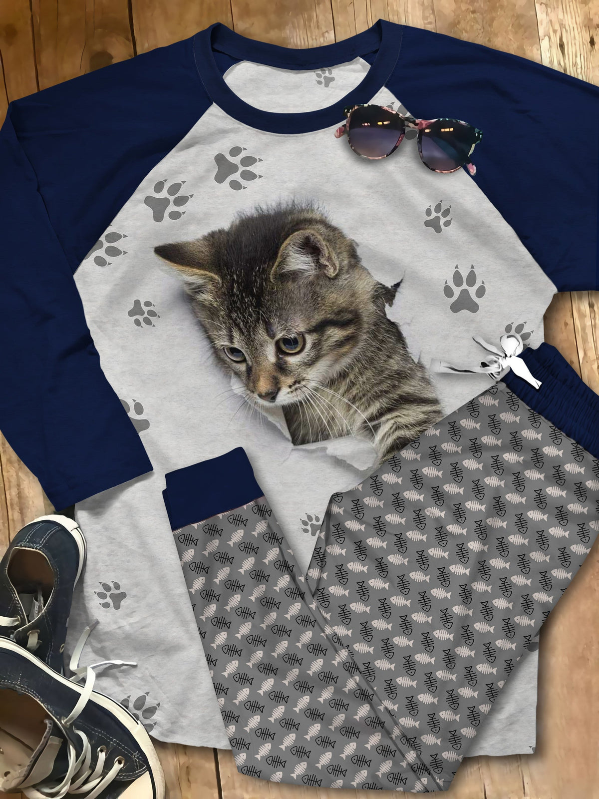 Cat Lovely Kitten Grey Best Pajama Set |Sleepwear Pjs Sets | Raglan Shirt Pants Set