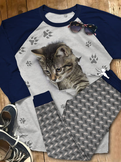 Cat Lovely Kitten Grey Best Pajama Set |Sleepwear Pjs Sets | Raglan Shirt Pants Set