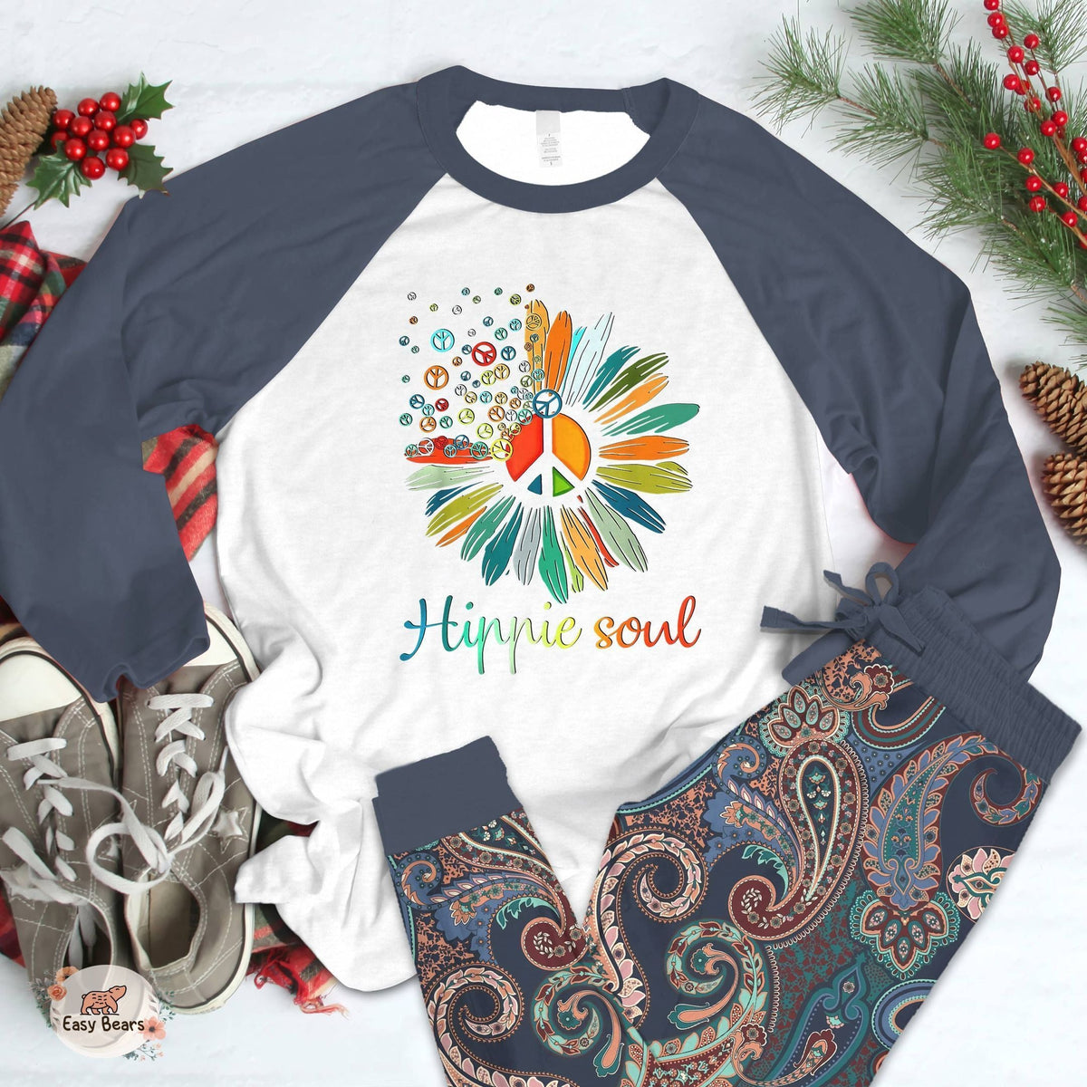 Hippie Personalized Set Soul Pajama Set |Sleepwear Pjs Sets | Raglan Shirt Pants Set