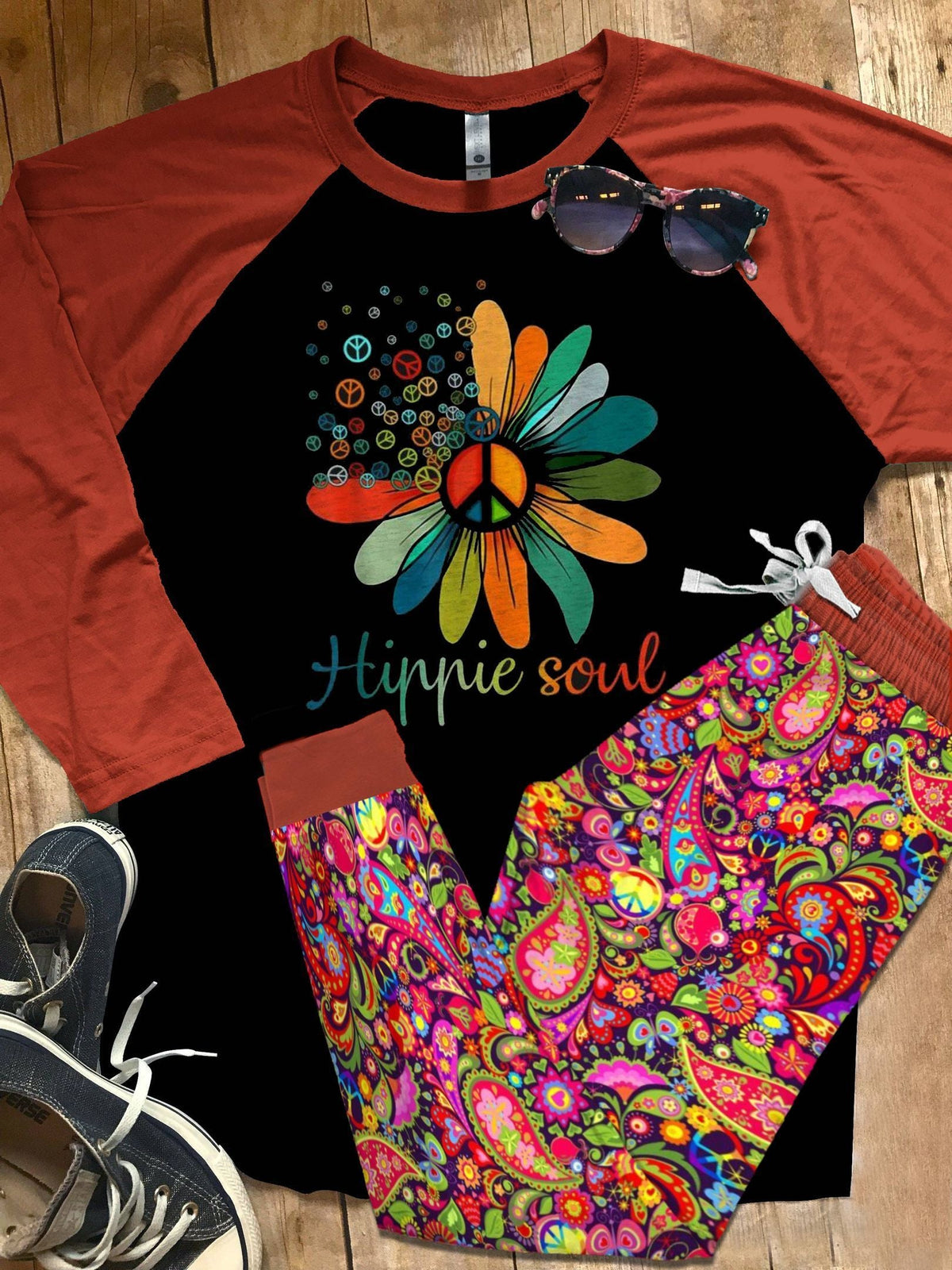 Hippie Set Hippie Soul Pajama Set |Sleepwear Pjs Sets | Raglan Shirt Pants Set