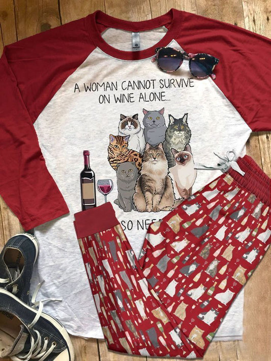 Cat Cat Wine High Quality Pajama Set |Sleepwear Pjs Sets | Raglan Shirt Pants Set