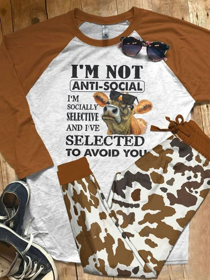 Cow I Am Not Anti Social Brown Nice Pajama Set |Sleepwear Pjs Sets | Raglan Shirt Pants Set