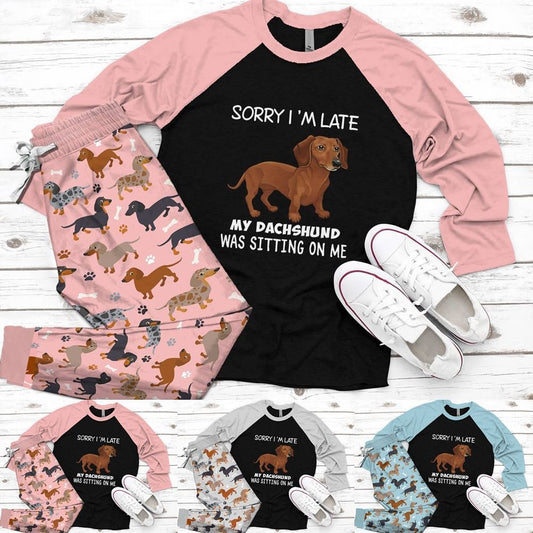 Dachshund Set My Dachshund Was Sitting On Me Pajama Set |Sleepwear Pjs Sets | Raglan Shirt Pants Set