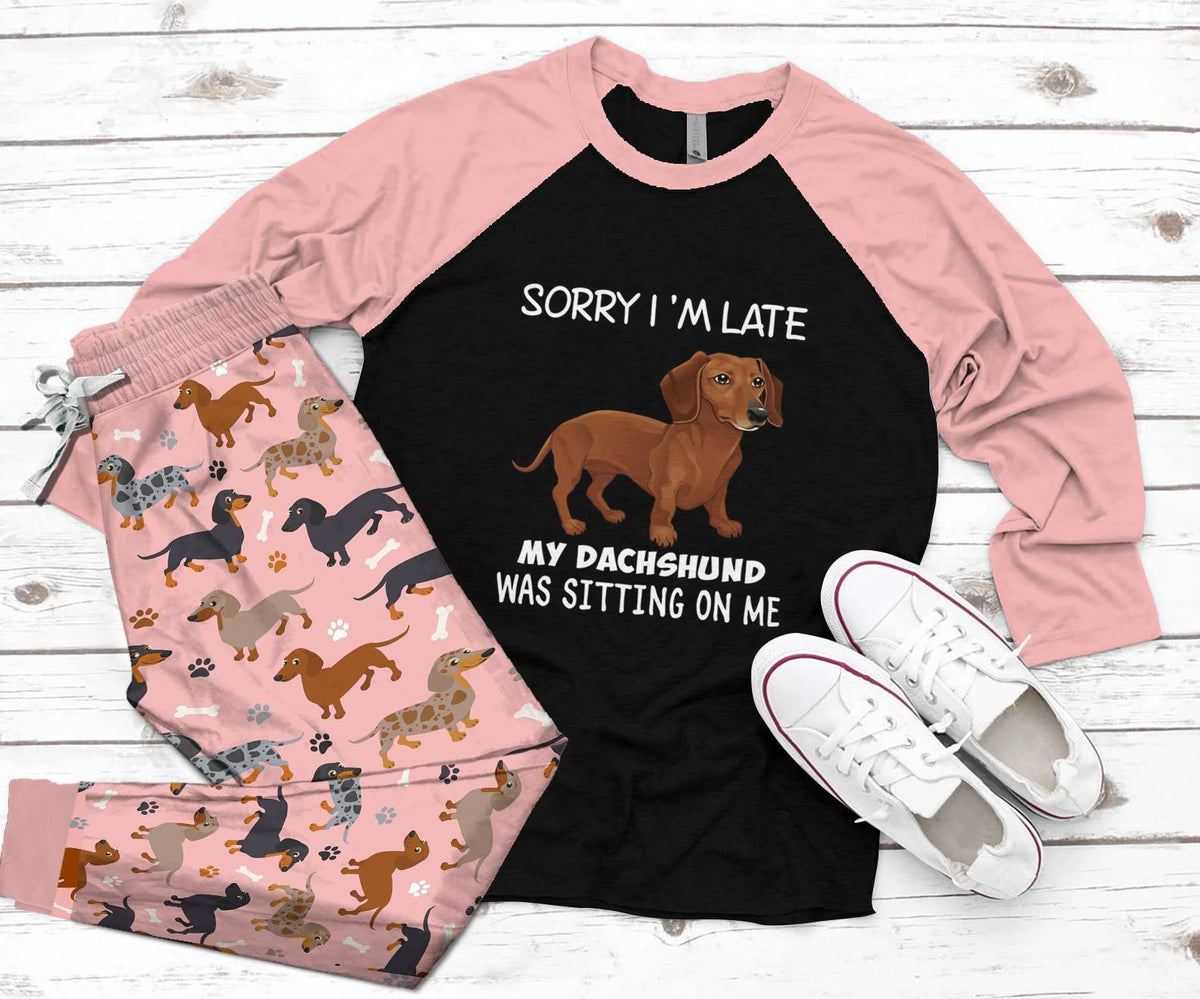 Dachshund Set My Dachshund Was Sitting On Me Pajama Set |Sleepwear Pjs Sets | Raglan Shirt Pants Set