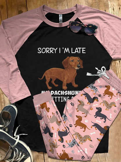 Dachshund Set My Dachshund Was Sitting On Me Pajama Set |Sleepwear Pjs Sets | Raglan Shirt Pants Set