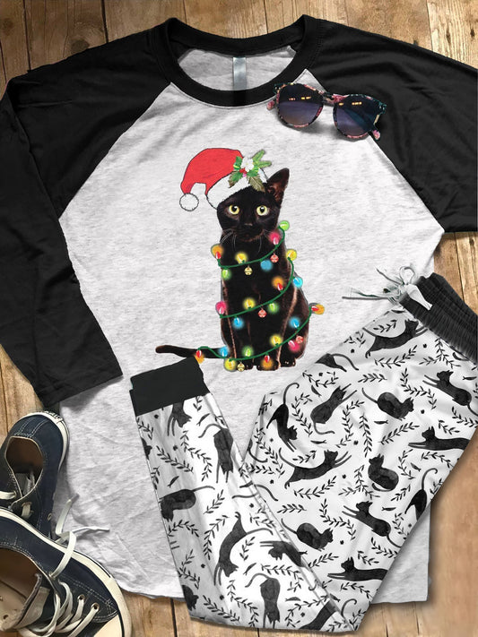 Black Cat Set Christmas Cat Colors Pajama Set |Sleepwear Pjs Sets | Raglan Shirt Pants Set