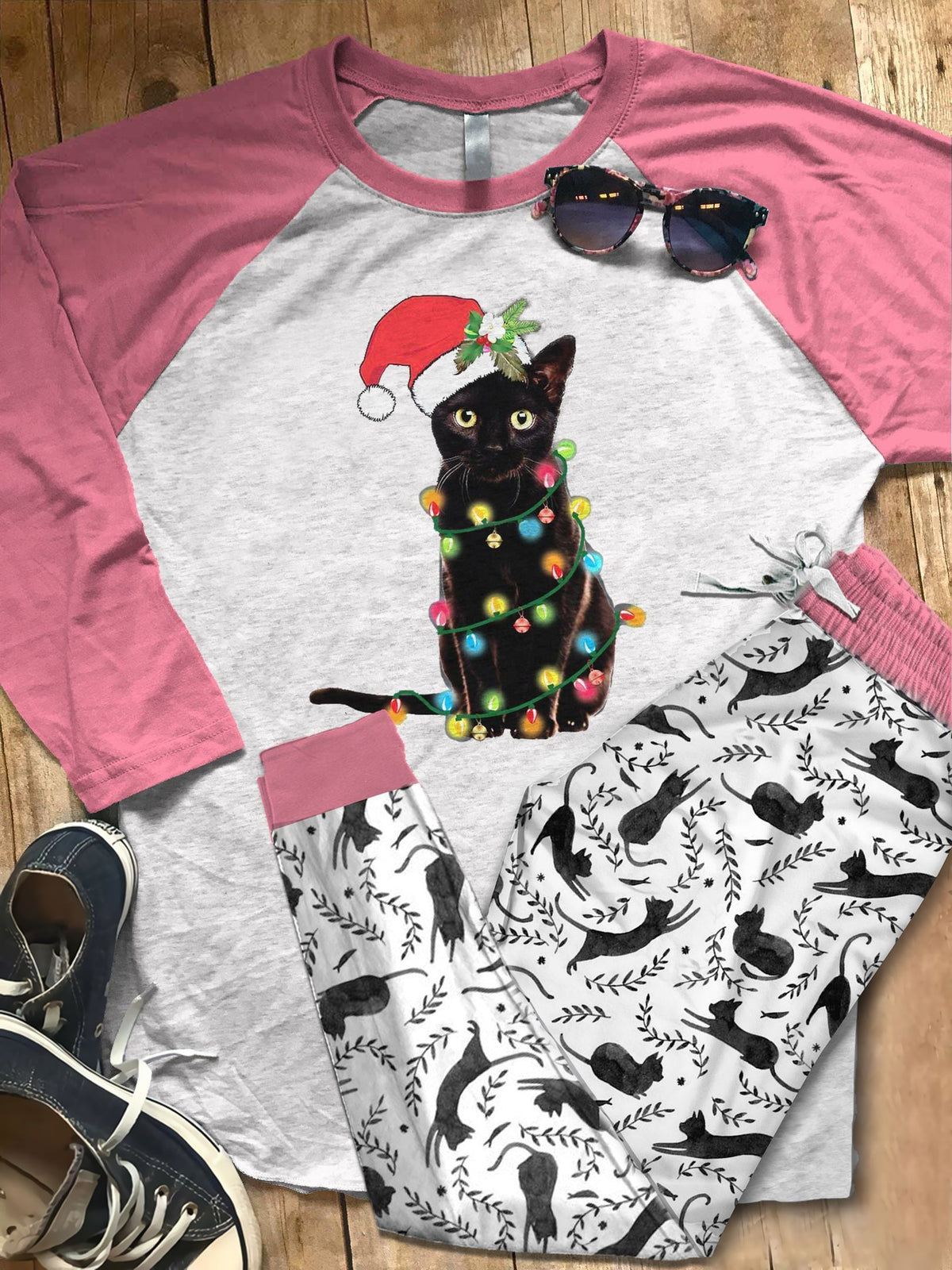 Black Cat Set Christmas Cat Colors Pajama Set |Sleepwear Pjs Sets | Raglan Shirt Pants Set