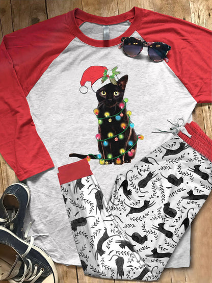 Black Cat Set Christmas Cat Colors Pajama Set |Sleepwear Pjs Sets | Raglan Shirt Pants Set