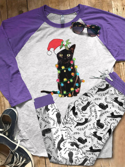 Black Cat Set Christmas Cat Colors Pajama Set |Sleepwear Pjs Sets | Raglan Shirt Pants Set
