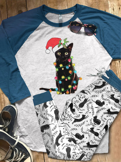 Black Cat Set Christmas Cat Colors Pajama Set |Sleepwear Pjs Sets | Raglan Shirt Pants Set