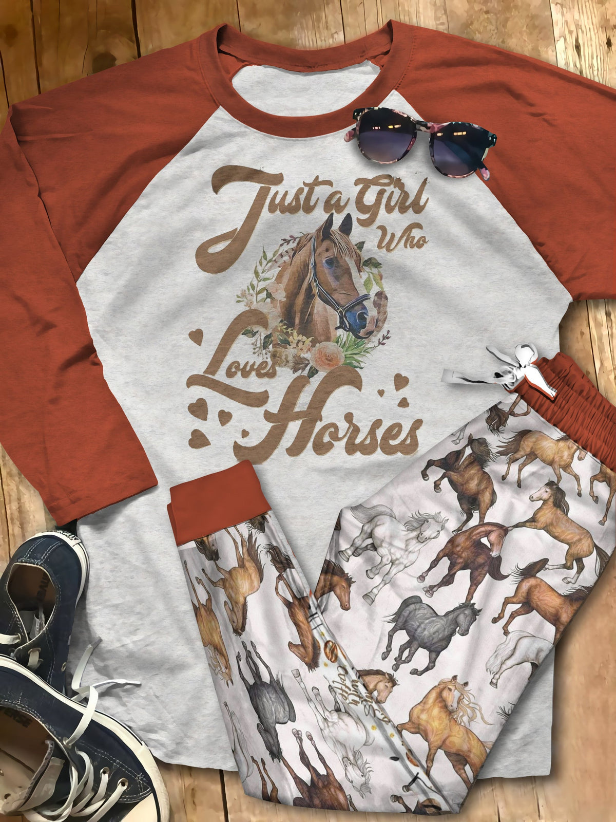 Horse Set Just A Girl Who Loves Horses Pajama Set |Sleepwear Pjs Sets | Raglan Shirt Pants Set