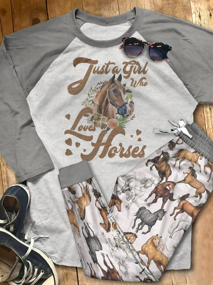 Horse Set Just A Girl Who Loves Horses Pajama Set |Sleepwear Pjs Sets | Raglan Shirt Pants Set