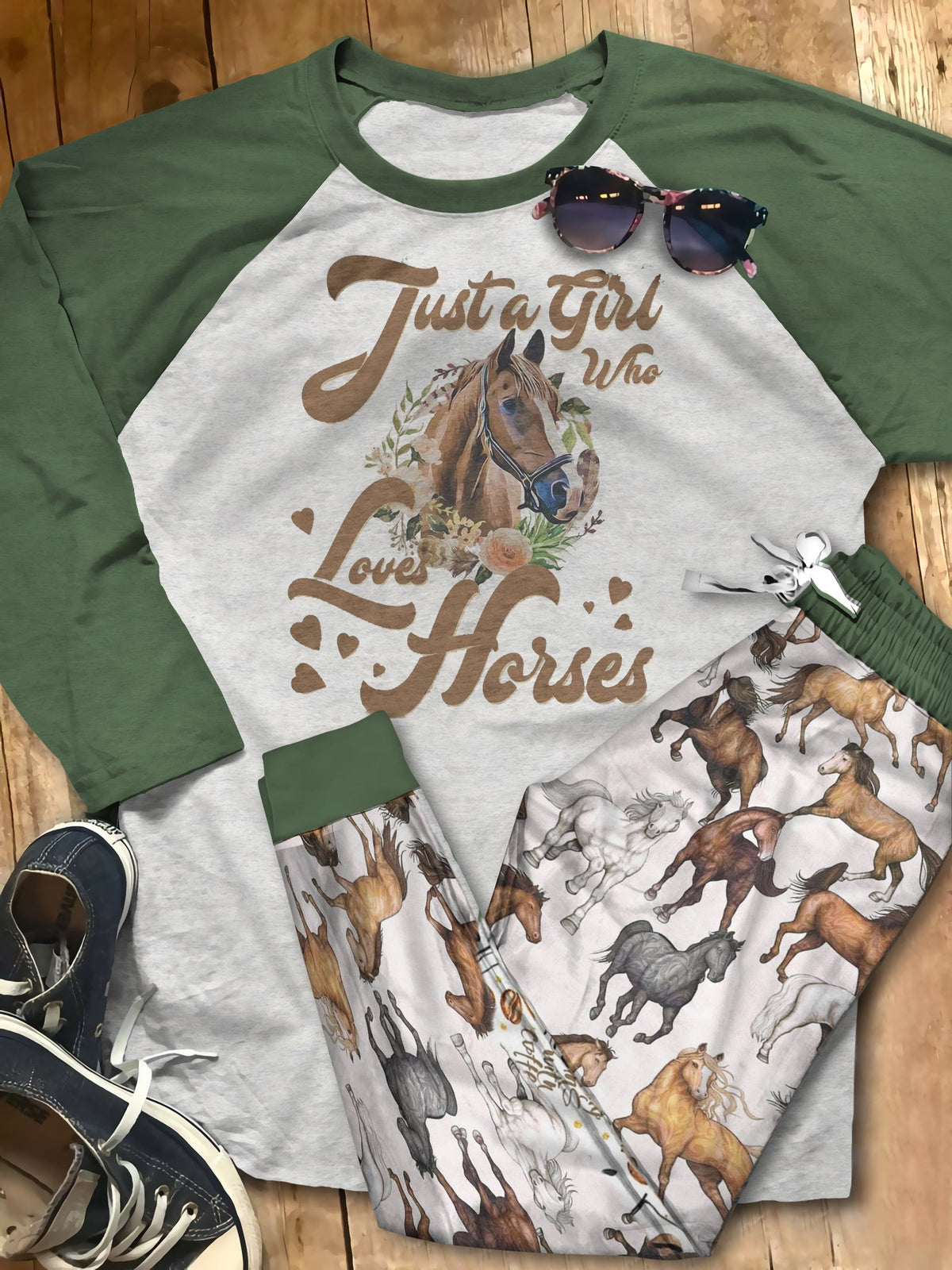 Horse Set Just A Girl Who Loves Horses Pajama Set |Sleepwear Pjs Sets | Raglan Shirt Pants Set