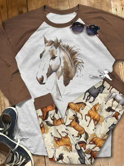 Horse Brown Horse Brown Awesome Pajama Set |Sleepwear Pjs Sets | Raglan Shirt Pants Set