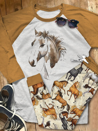 Horse Brown Horse Brown Awesome Pajama Set |Sleepwear Pjs Sets | Raglan Shirt Pants Set