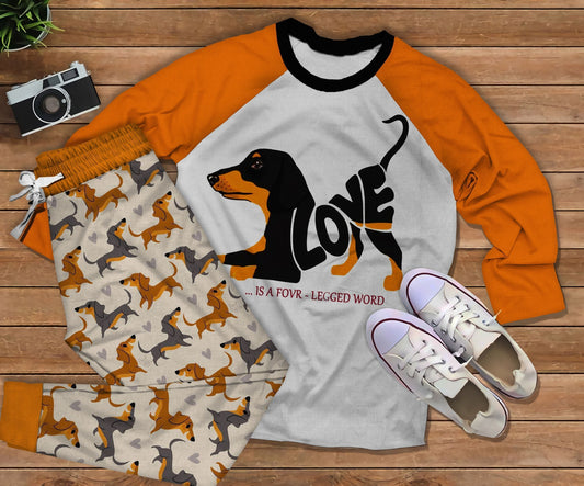 Dachshund A Four Legged Word Pajama Set |Sleepwear Pjs Sets | Raglan Shirt Pants Set
