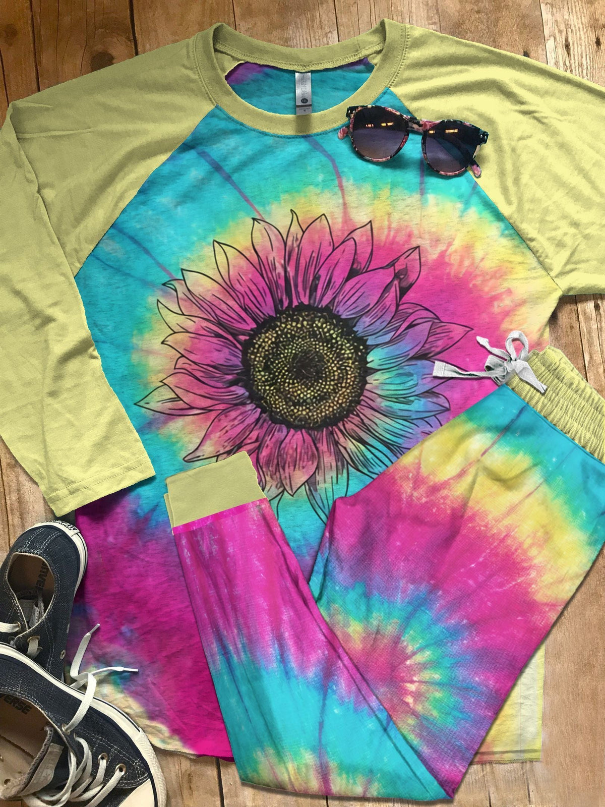 Hippe Flower Child Pajama Set |Sleepwear Pjs Sets | Raglan Shirt Pants Set
