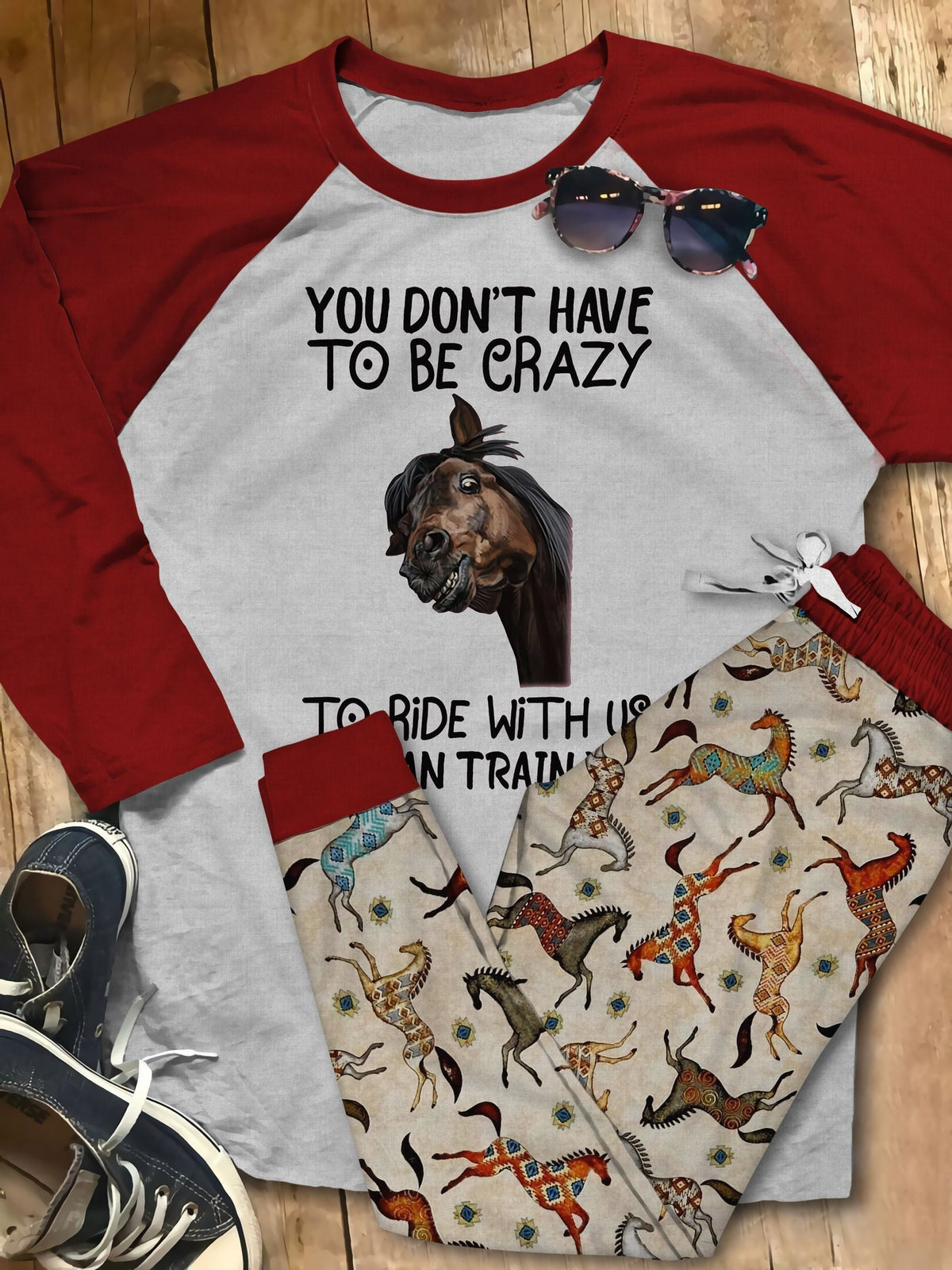 Horse Don'T Have To Be Crazy Pajama Set |Sleepwear Pjs Sets | Raglan Shirt Pants Set