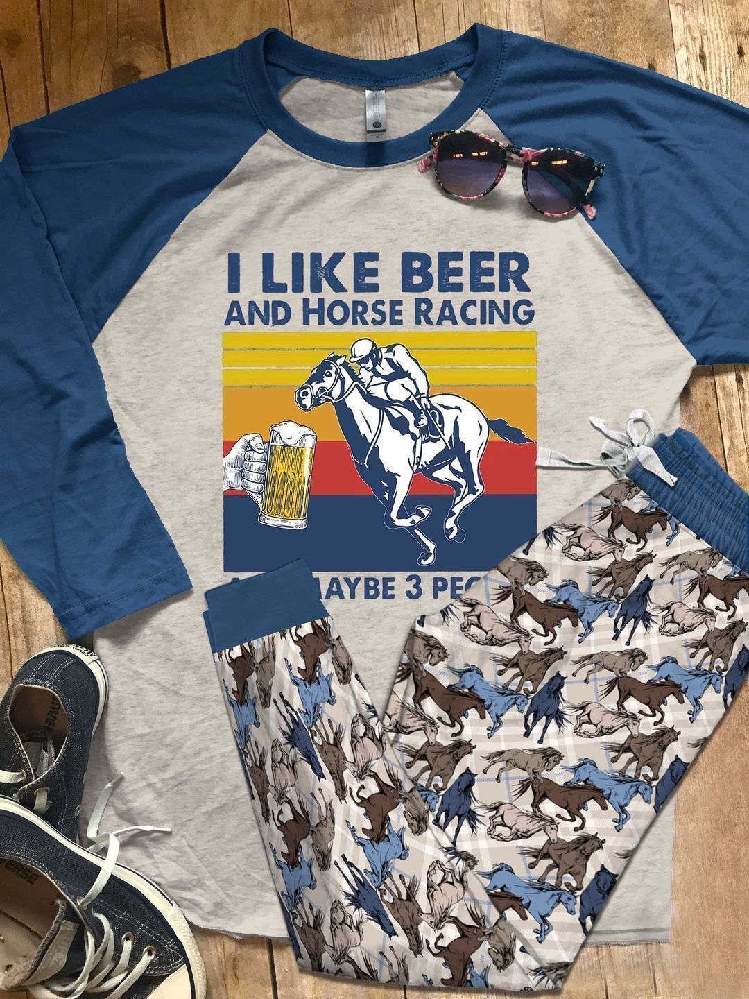 Horse I Like Horse Racing Gr Blue Best Pajama Set |Sleepwear Pjs Sets | Raglan Shirt Pants Set