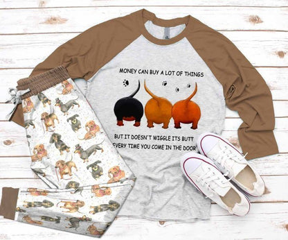 Dachshund Money Can Buy A Lot Of Things Khaki Pajama Set |Sleepwear Pjs Sets | Raglan Shirt Pants Set