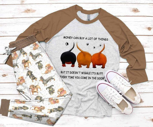 Dachshund Money Can Buy A Lot Of Things Khaki Pajama Set |Sleepwear Pjs Sets | Raglan Shirt Pants Set