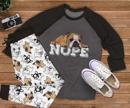 French Bulldog Nope Black Good Quality Pajama Set |Sleepwear Pjs Sets | Raglan Shirt Pants Set