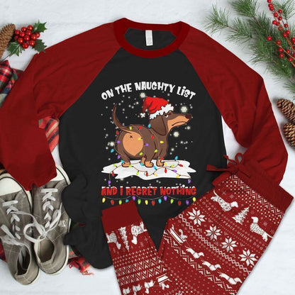 Dachshund Naughty List Burgundy Amazing Pajama Set |Sleepwear Pjs Sets | Raglan Shirt Pants Set