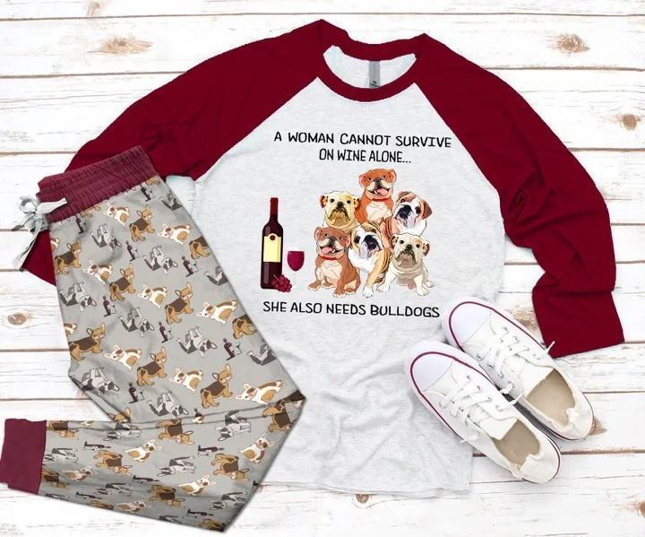 Bulldog Woman Burgundy High Quality Pajama Set |Sleepwear Pjs Sets | Raglan Shirt Pants Set