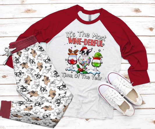 French Bulldog Burgundy Unique Pajama Set |Sleepwear Pjs Sets | Raglan Shirt Pants Set