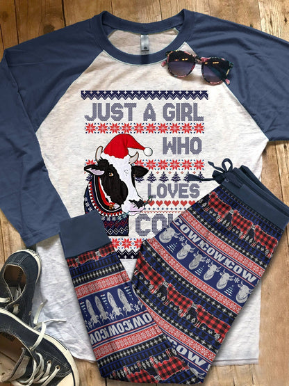 Cow Just A Girl Who Loves Cows Blue Awesome Pajama Set |Sleepwear Pjs Sets | Raglan Shirt Pants Set