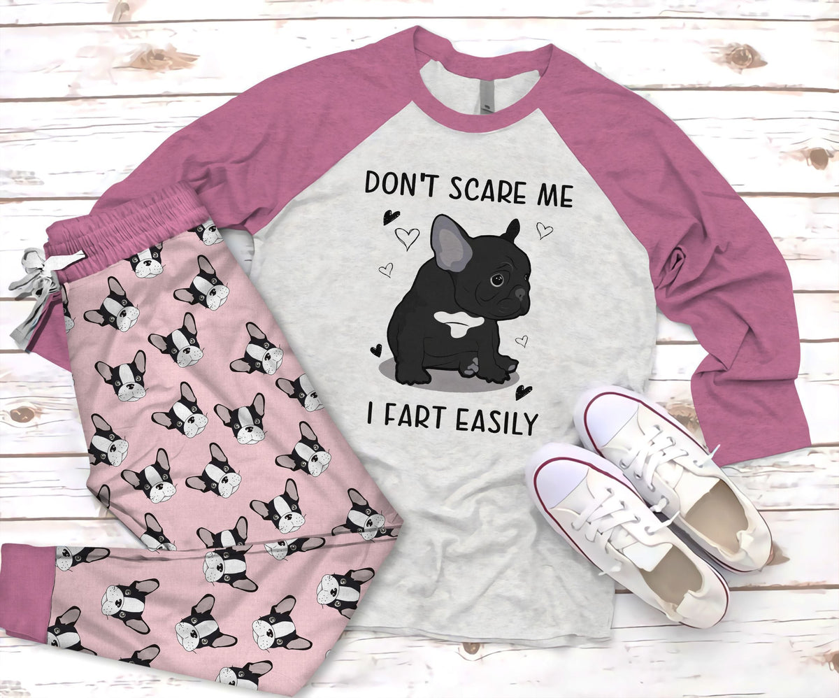 French Bulldog Don T Scare Me Purple Good Pajama Set |Sleepwear Pjs Sets | Raglan Shirt Pants Set