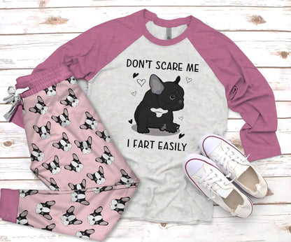 French Bulldog Don T Scare Me Purple Good Pajama Set |Sleepwear Pjs Sets | Raglan Shirt Pants Set