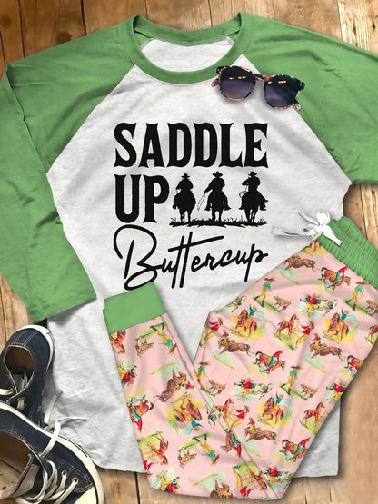 Cowgirl Saddle Up Pink Unique Pajama Set |Sleepwear Pjs Sets | Raglan Shirt Pants Set