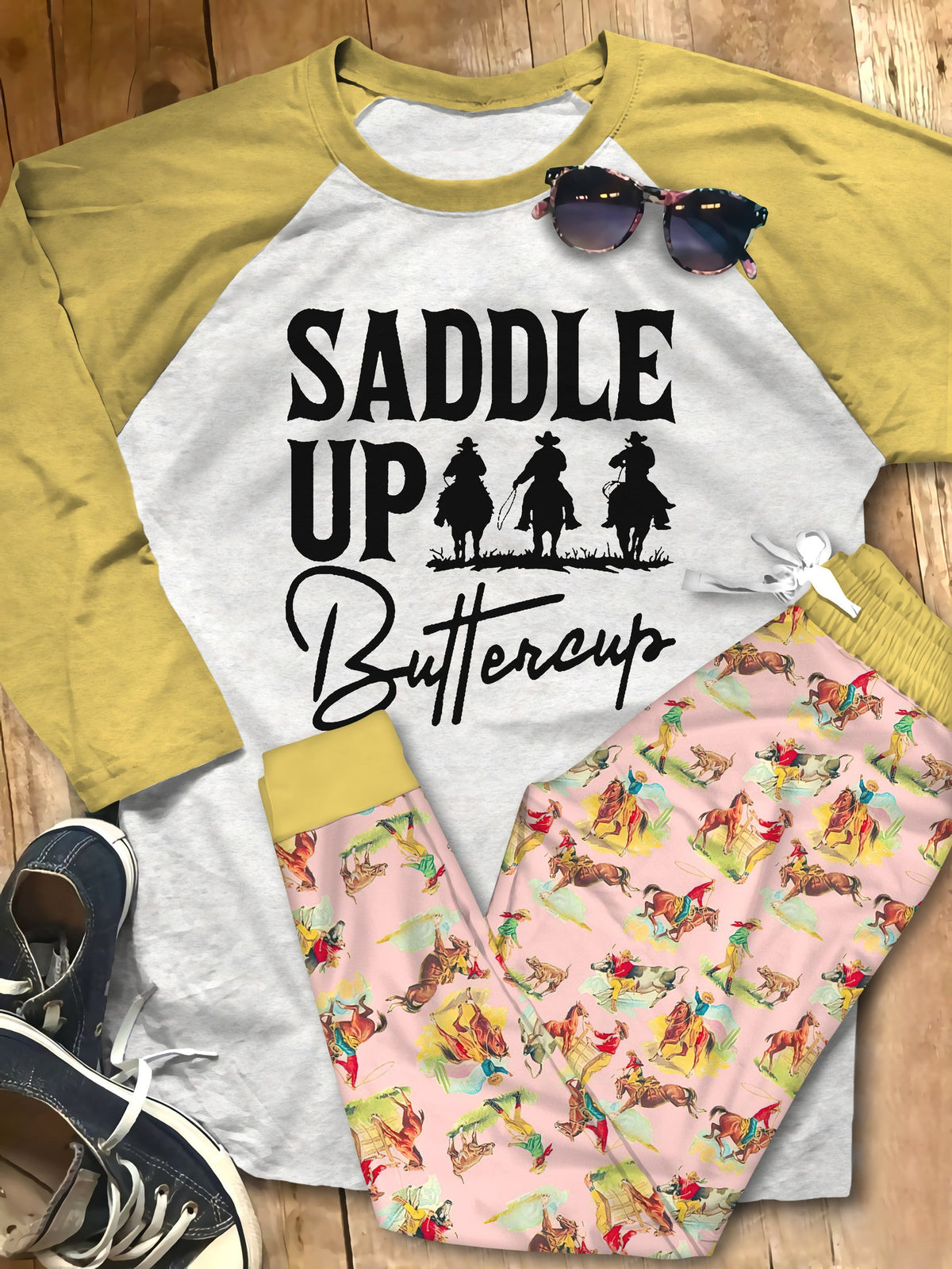 Cowgirl Saddle Up Pink Unique Pajama Set |Sleepwear Pjs Sets | Raglan Shirt Pants Set