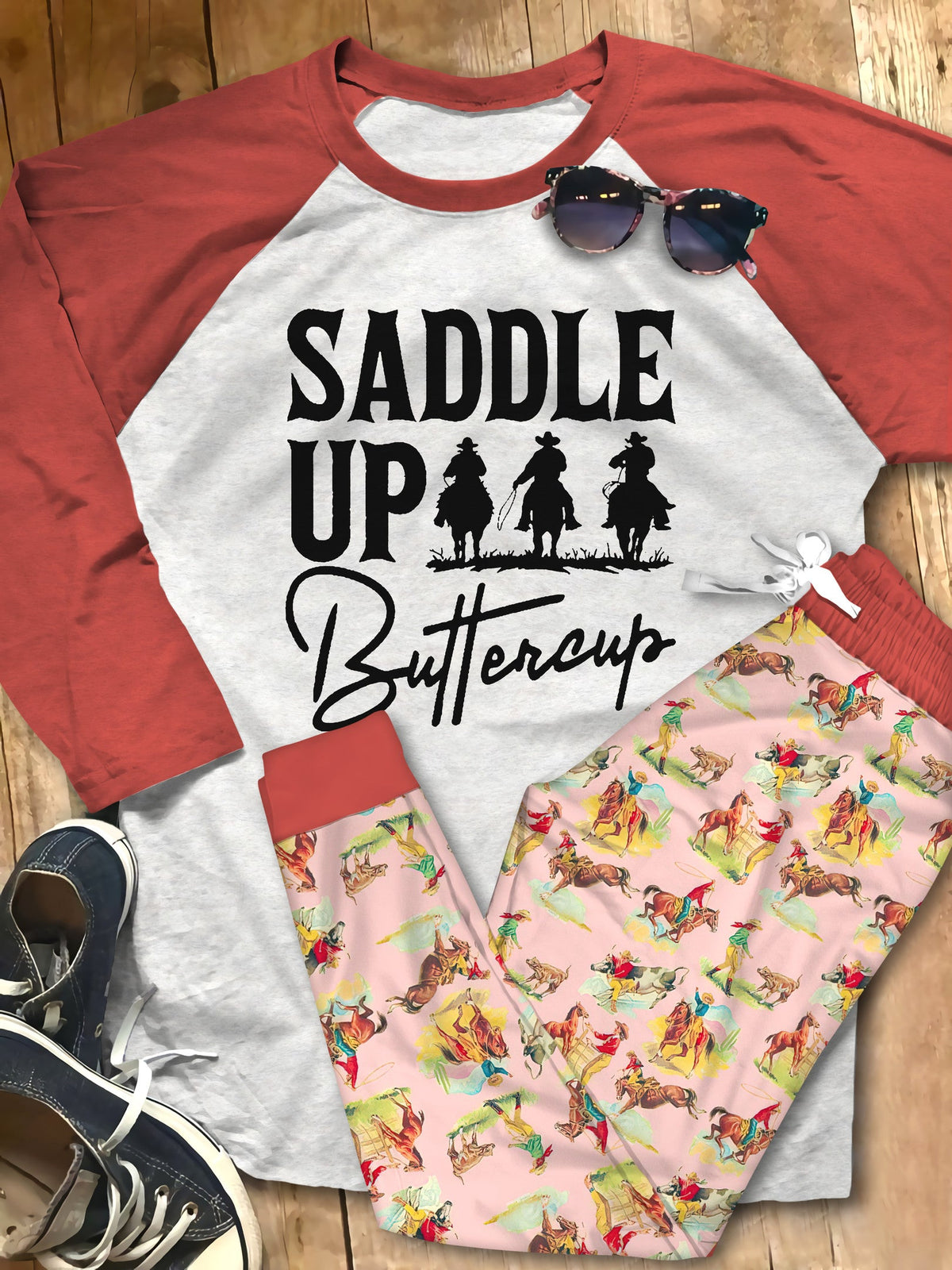 Cowgirl Saddle Up Pink Unique Pajama Set |Sleepwear Pjs Sets | Raglan Shirt Pants Set