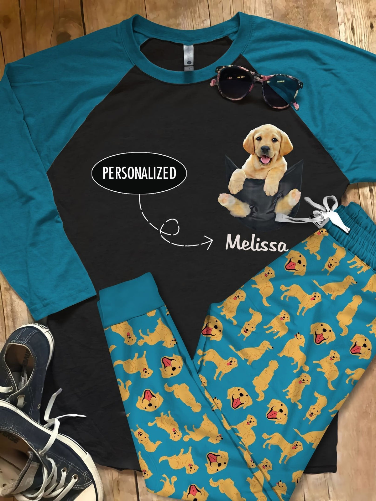 Labrador Retriever Pocket Personalized Name Pajama Set |Sleepwear Pjs Sets | Raglan Shirt Pants Set