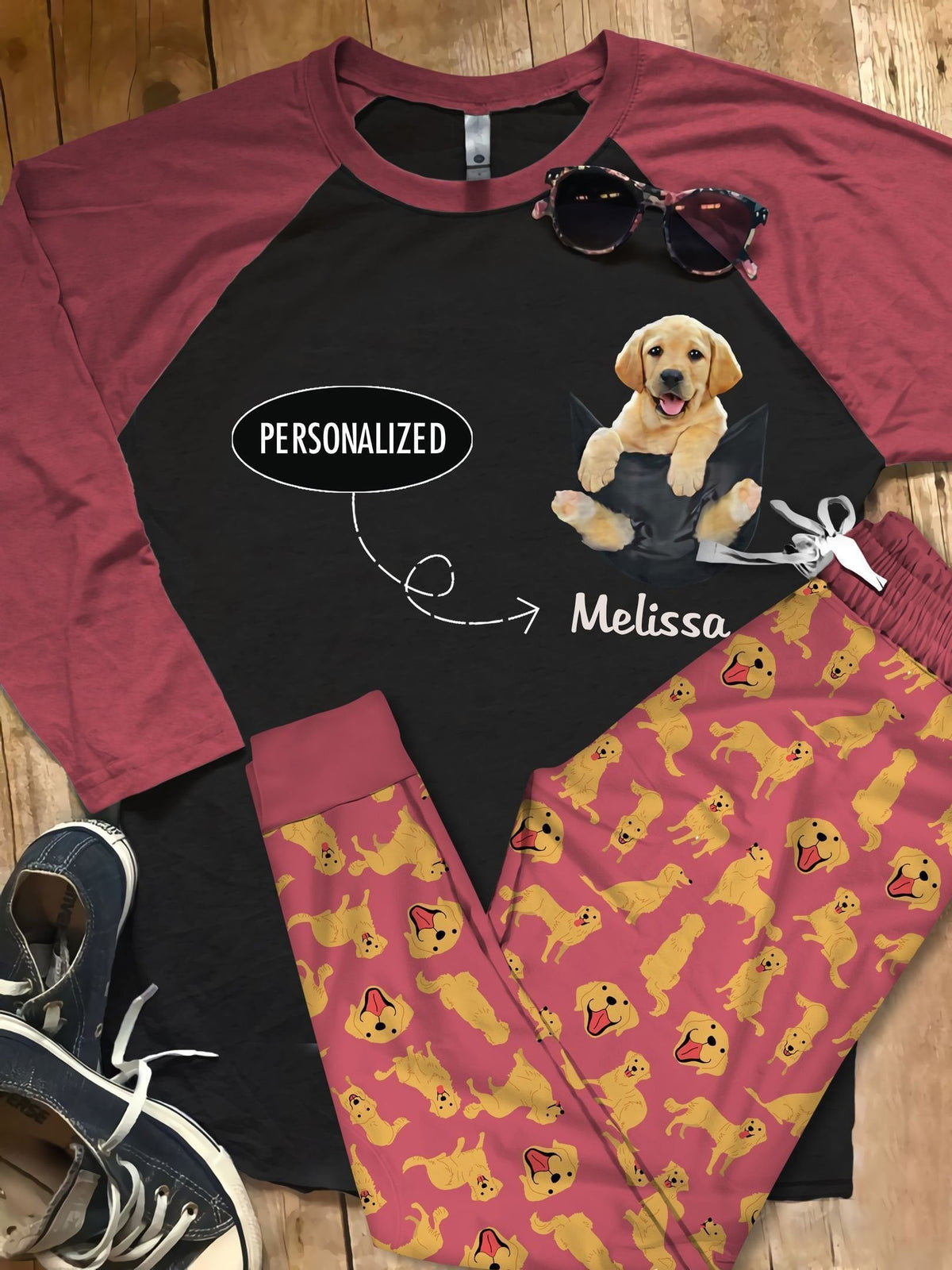 Labrador Retriever Pocket Personalized Name Pajama Set |Sleepwear Pjs Sets | Raglan Shirt Pants Set