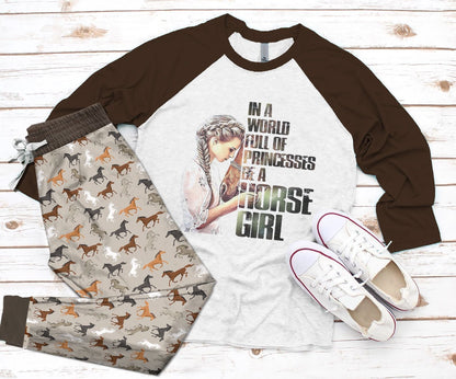 Horse Girl Brown Good Pajama Set |Sleepwear Pjs Sets | Raglan Shirt Pants Set