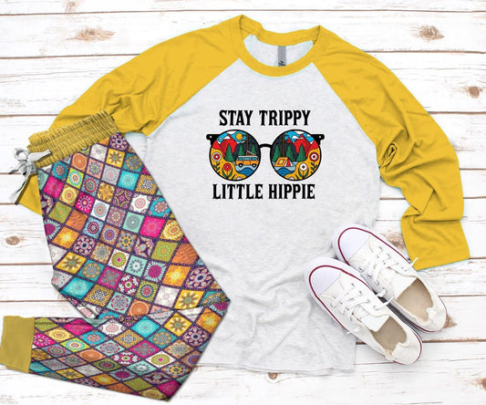 Hippie Set Stay Trippy Pajama Set |Sleepwear Pjs Sets | Raglan Shirt Pants Set