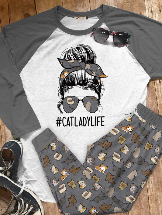 Cat Lover Set Cat Lady Life Pajama Set |Sleepwear Pjs Sets | Raglan Shirt Pants Set