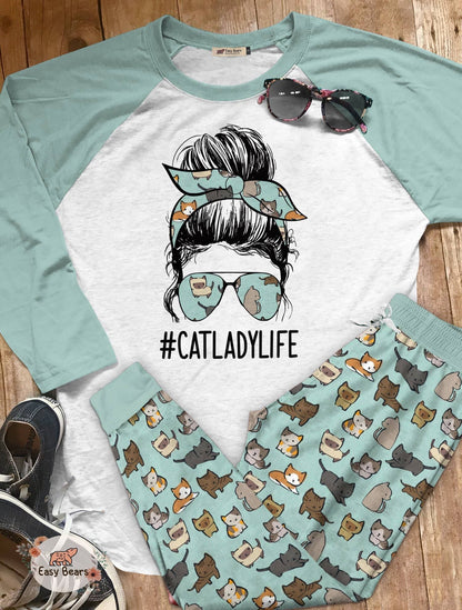 Cat Lover Set Cat Lady Life Pajama Set |Sleepwear Pjs Sets | Raglan Shirt Pants Set
