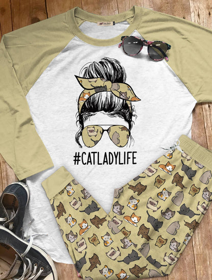 Cat Lover Set Cat Lady Life Pajama Set |Sleepwear Pjs Sets | Raglan Shirt Pants Set