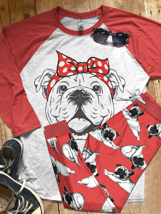 Bulldog Red Best Pajama Set |Sleepwear Pjs Sets | Raglan Shirt Pants Set
