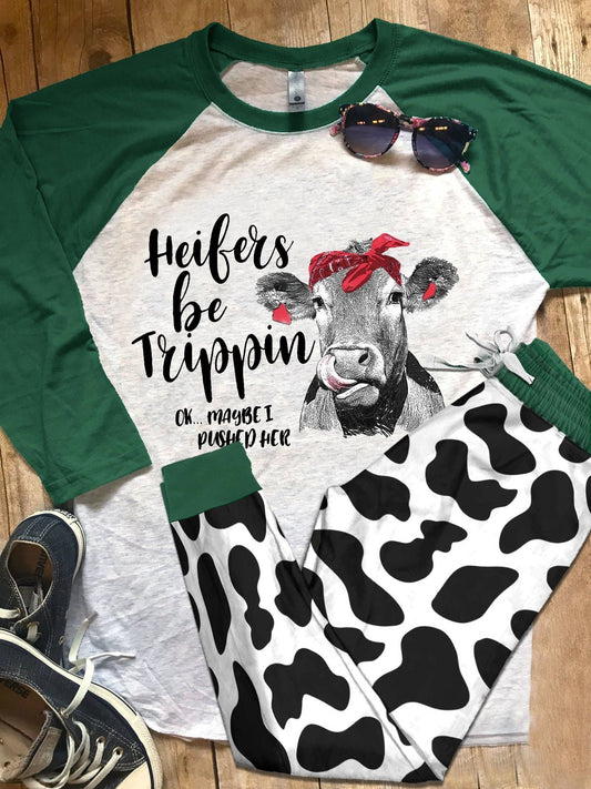 Cow Green Amazing Pajama Set |Sleepwear Pjs Sets | Raglan Shirt Pants Set