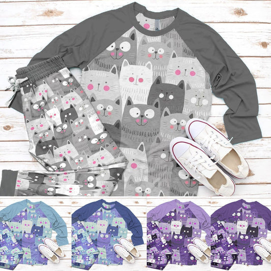 Cat Set Lovely Cats Pajama Set |Sleepwear Pjs Sets | Raglan Shirt Pants Set