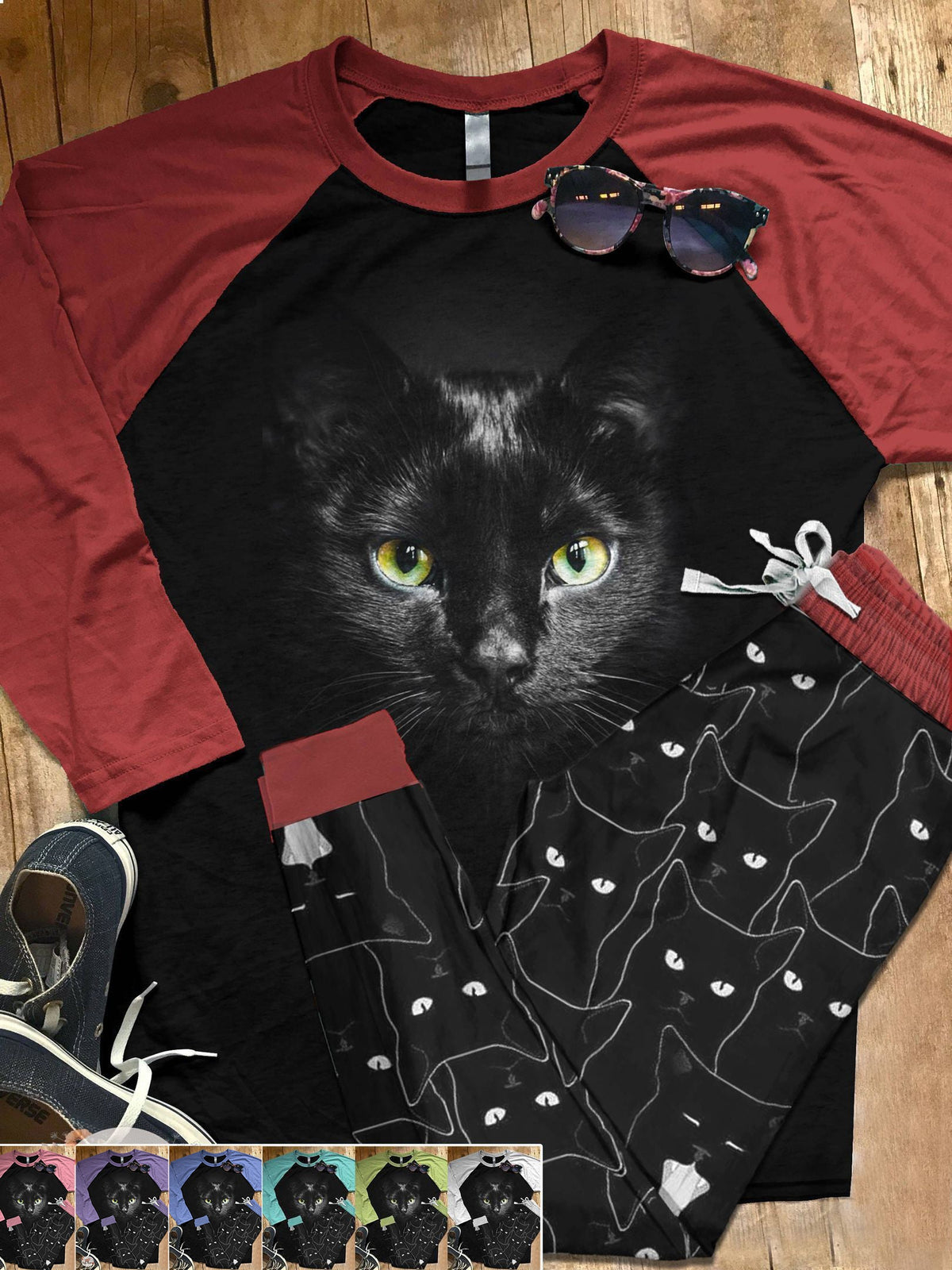 Black Cat Set Eyes Pajama Set |Sleepwear Pjs Sets | Raglan Shirt Pants Set