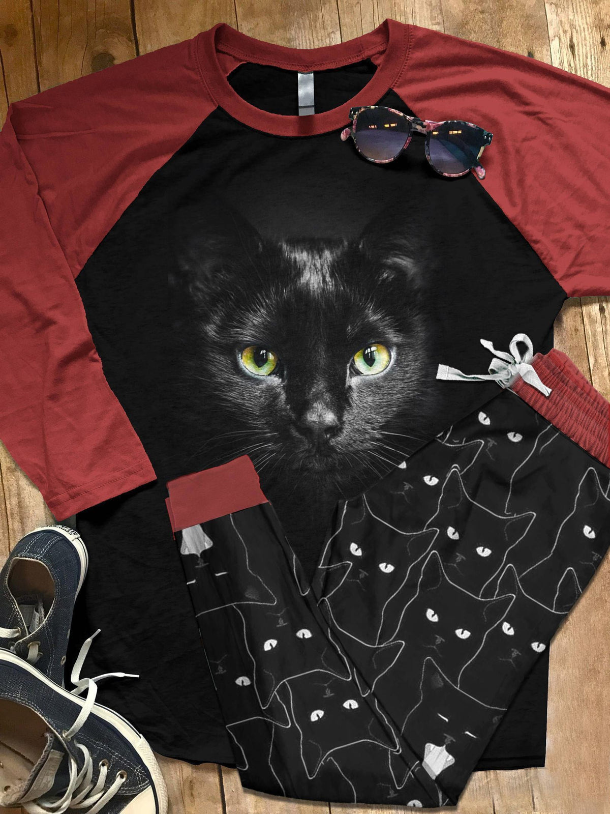 Black Cat Set Eyes Pajama Set |Sleepwear Pjs Sets | Raglan Shirt Pants Set