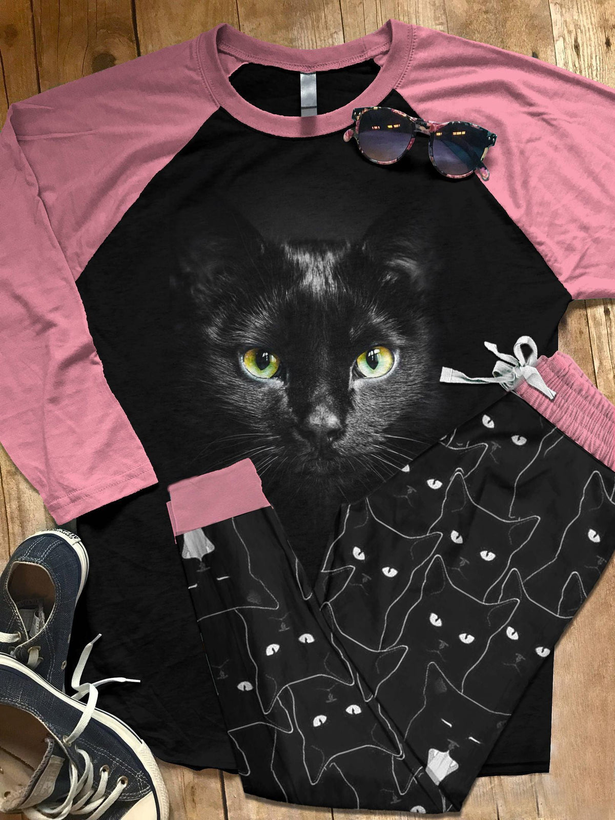 Black Cat Set Eyes Pajama Set |Sleepwear Pjs Sets | Raglan Shirt Pants Set