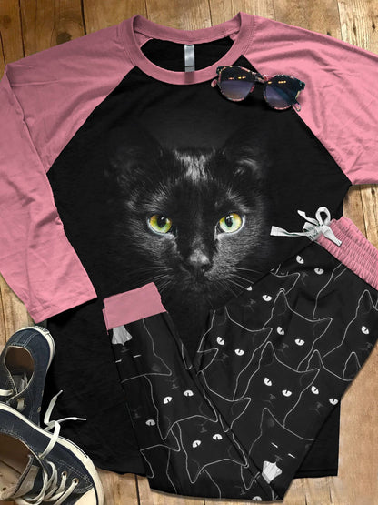 Black Cat Set Eyes Pajama Set |Sleepwear Pjs Sets | Raglan Shirt Pants Set