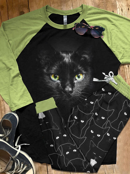 Black Cat Set Eyes Pajama Set |Sleepwear Pjs Sets | Raglan Shirt Pants Set